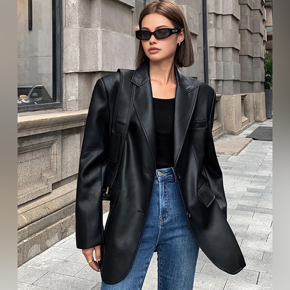 Commense Faux Leather Blazer Jacket